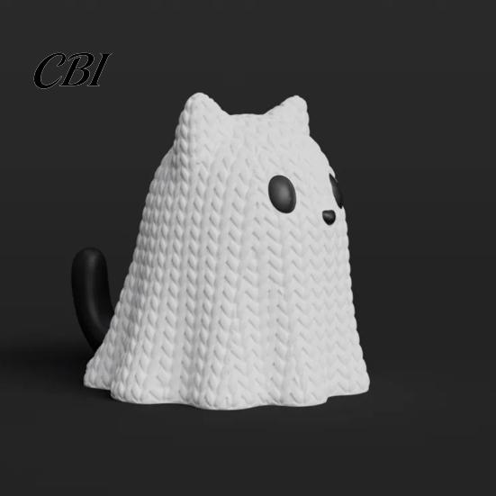 Moisture-proof Spooky Decoration 3D Printed Ghost Dog/Cat Figurine Ornaments, Knitted Texture Halloween Animal Stable Decorations, Small Cute