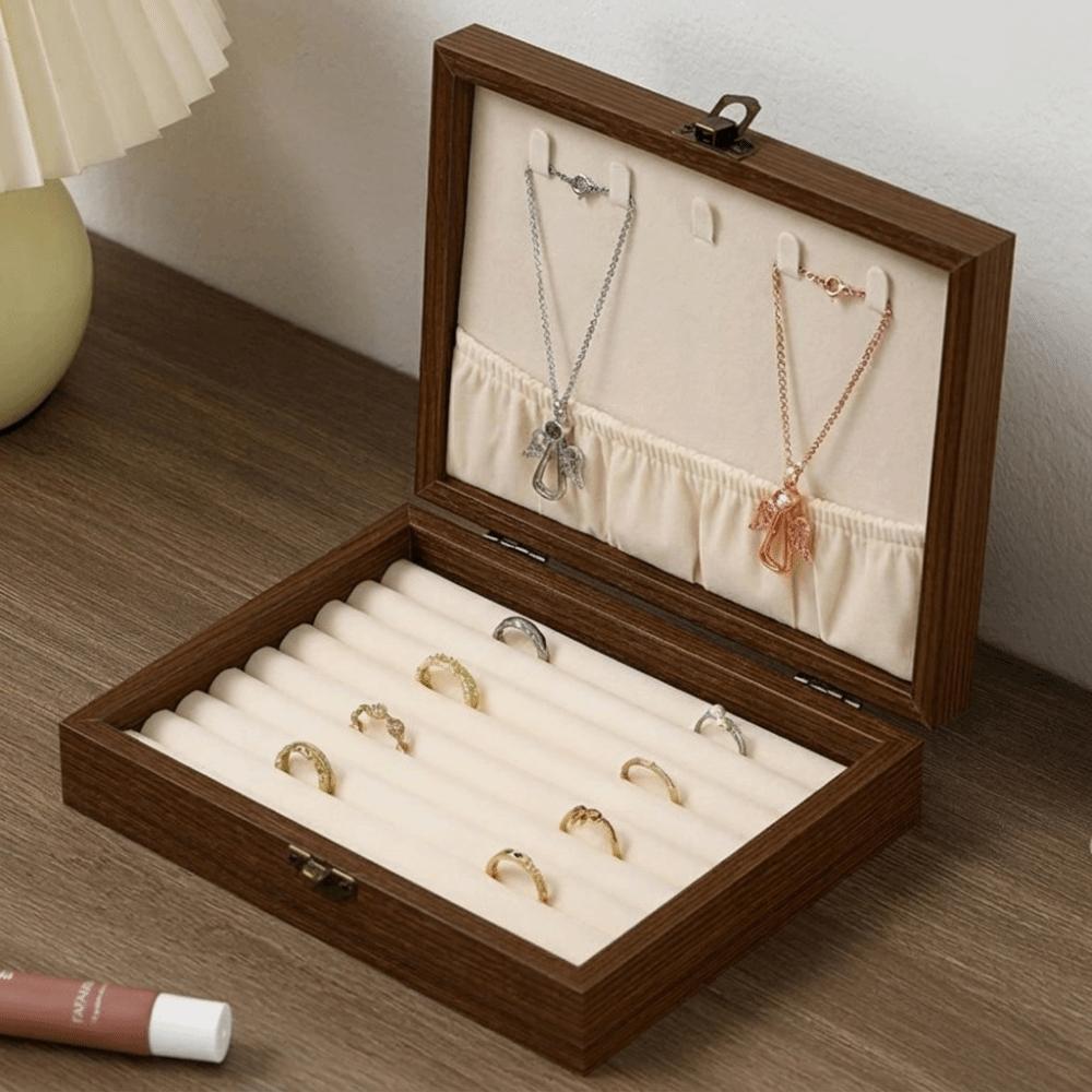 Walnut Wood Glass Lid Velvet Lined Velvet Interior Necklace Hanging Panel Bracelets Storage