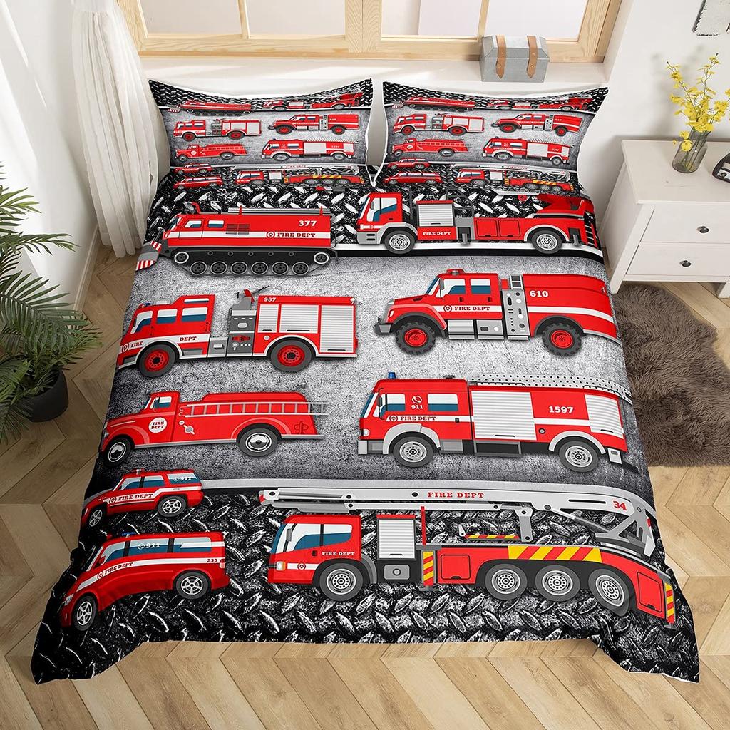 Fire Truck Bedding SetBurning Flames Duvet Cover for Kids Fire Engine Comforter Cover Red Truck Quilt Cover with 2 Pillowcases