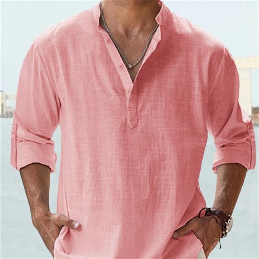 Мужская свободная однотонная льняная рубашка с длинным рукавом и воротником-стойкой, повседневные мужские белые, черные рубашки для мужчин, блузка