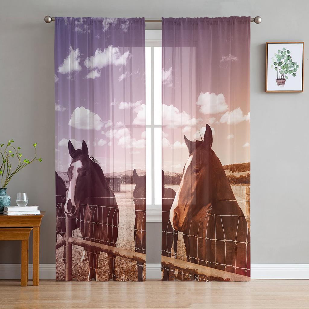 Black White Horse Watercolor Painting Tulle Sheer Window Curtains for Living Room Kitchen Children Bedroom Voile Hanging Curtain