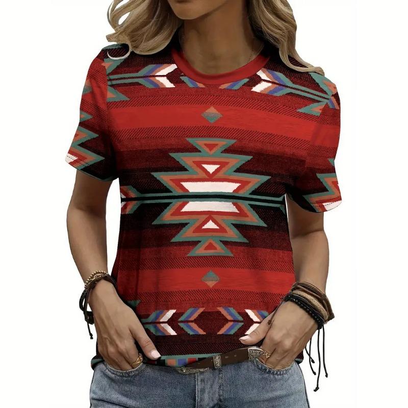 Vintage T Shirt For Women Ethnic Print Crew Neck T-Shirt Summer Casual Short Sleeve Tee Streetshirt Female Oversized Clothing