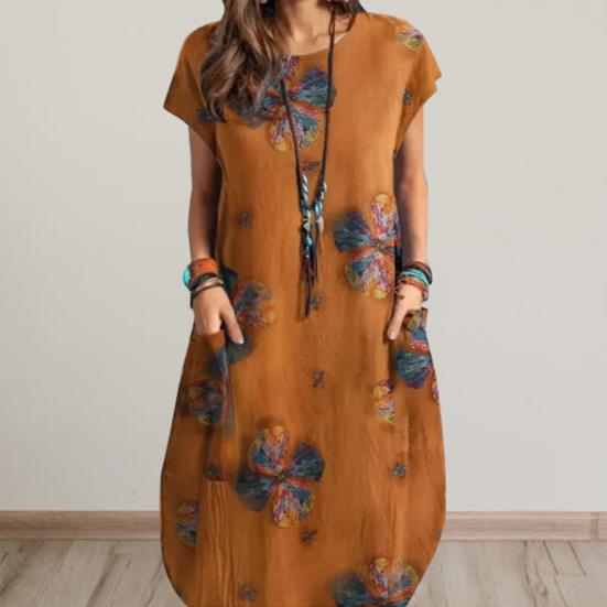 Женское летнее платье с круглым вырезом и короткими рукавами, ретро-принт с карманами, свободное тонкое платье, повседневная повседневная одежда