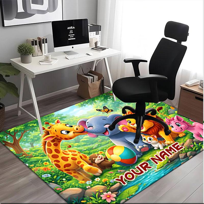 1PC Custom Name Jungle Friends Adventure Theme Floor Mat Ideal for Living Room, Game Rooms, Office, Bedroom,Floor Mat Playful Design