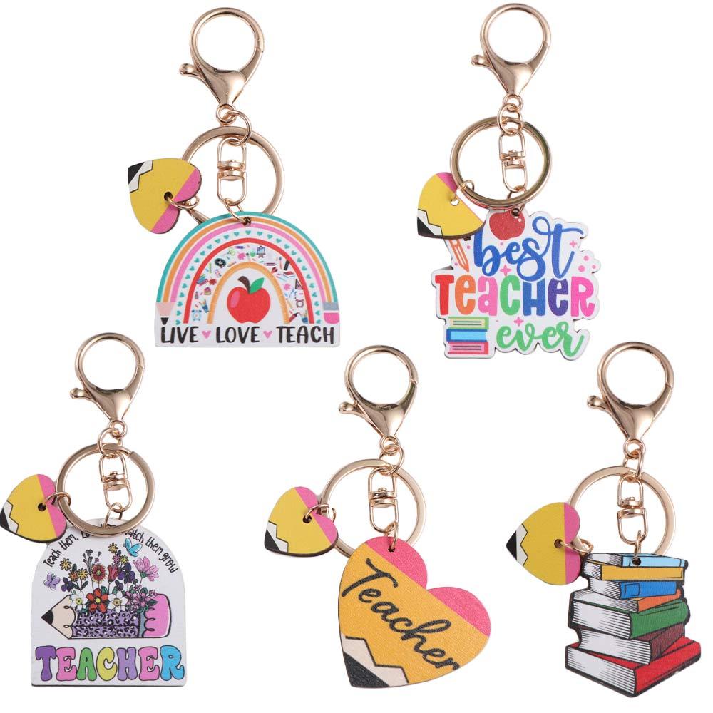 Wooden Pencil Rainbow Keychain English Letter Teacher Education Pendant Female Lady Girl
