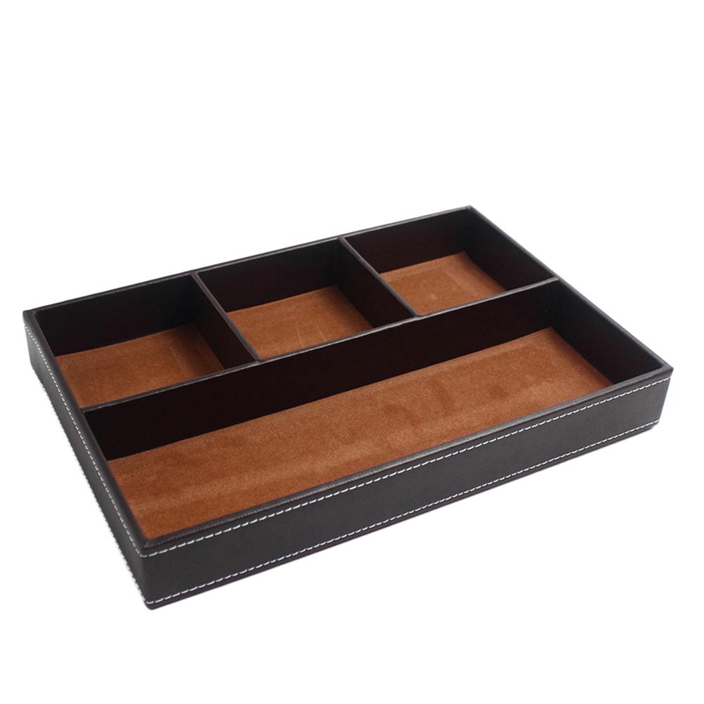 4 Compartments Leatherette Valet Tray Desk Dresser Top Organizer Box for Wallets Coins Keys and