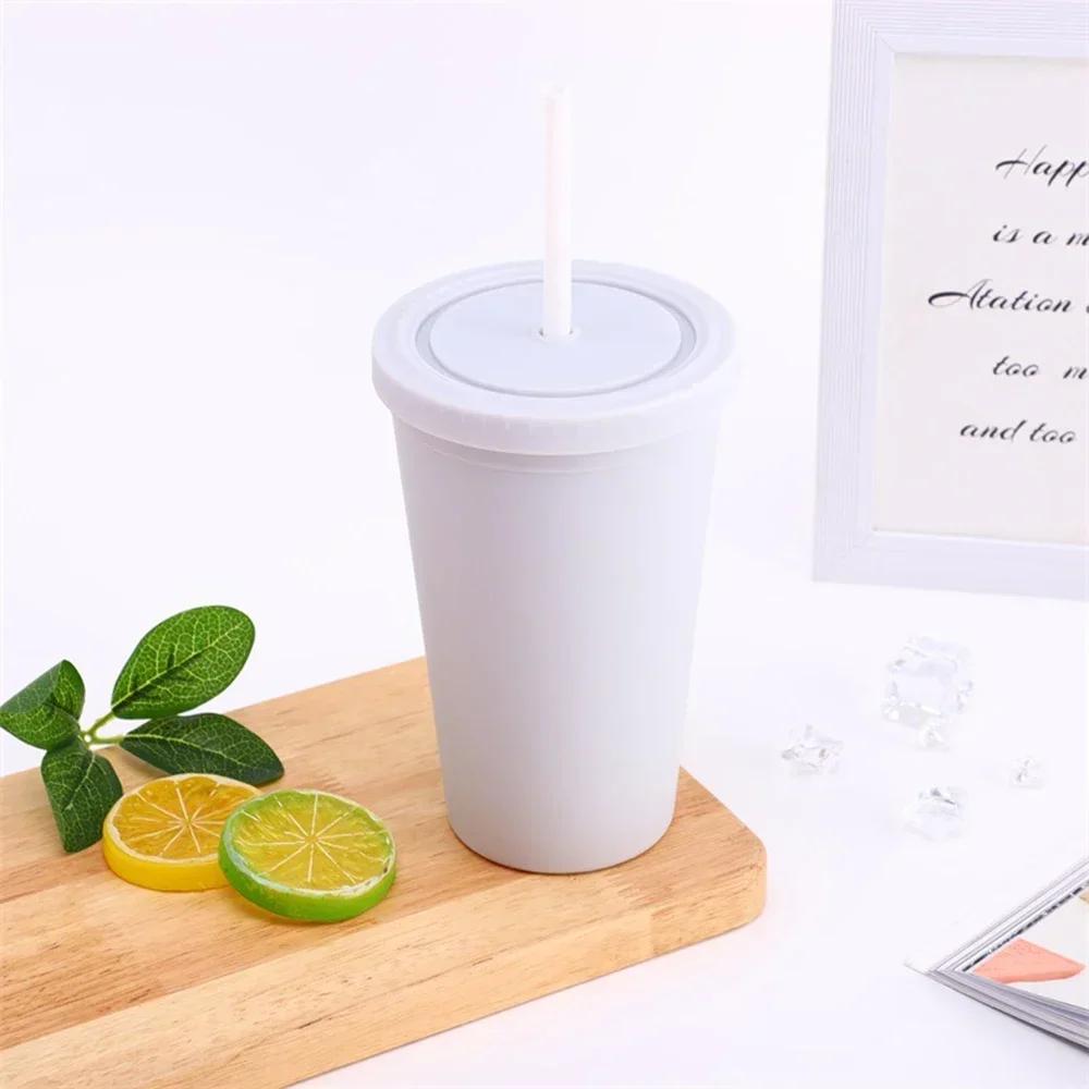 Candy Color Double-layer Plastic Straw Cup Coffee Cup Plastic Frosted Handy Water Cup Easy To Carry Straw Kettle Sports Bottle