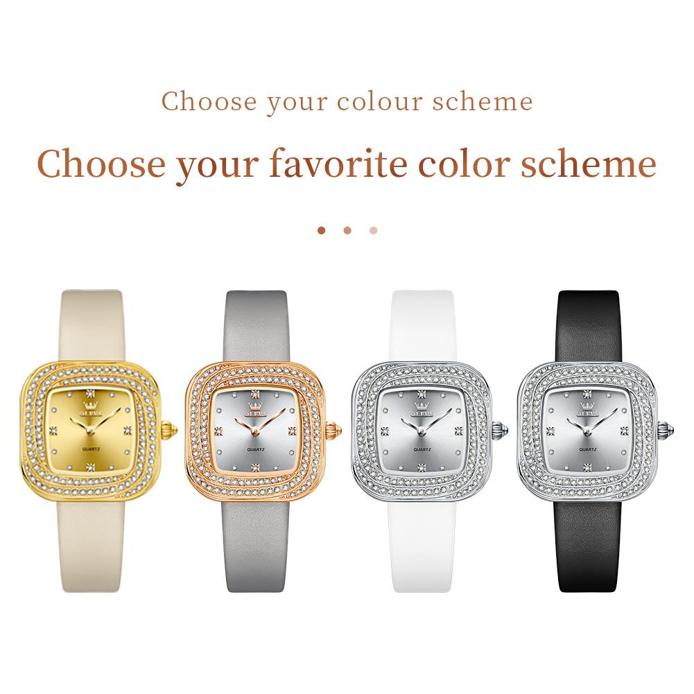 OLEVS 5512 Luxury Elegant Women’s Quartz Wristwatch Diamond Bezel Square Waterproof Leather Strap Original Watch for Lady