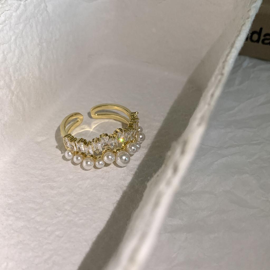 Elegant Vintage Style Double Layer Open Ring With Zircon And Pearl For Women