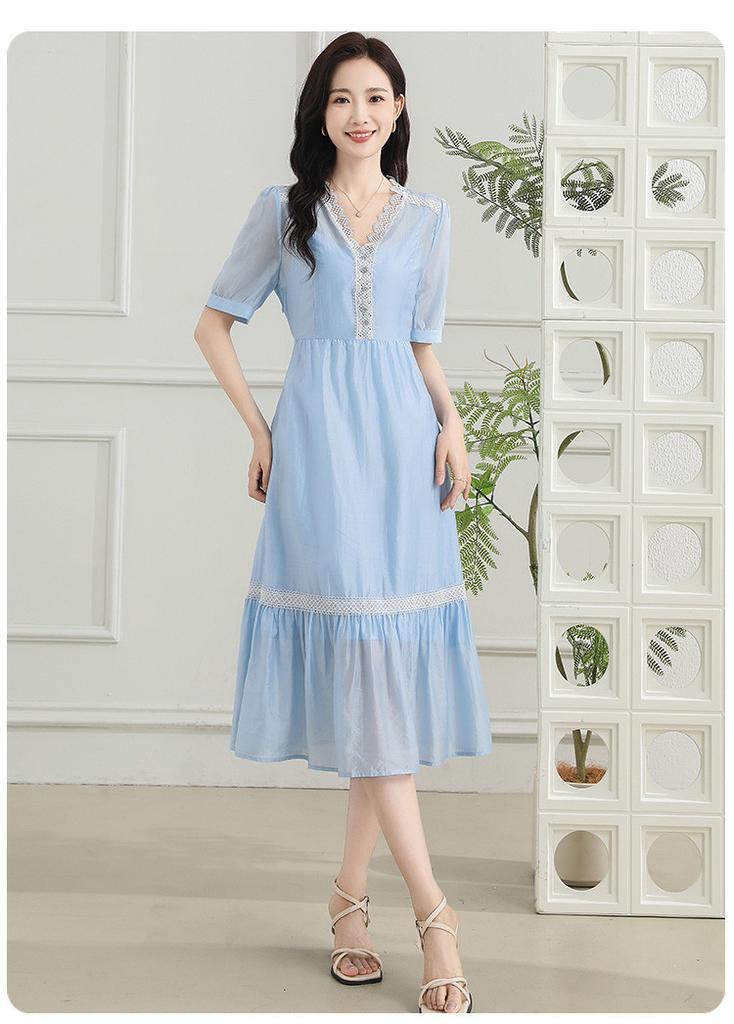 Summer V-neck solid color long skirt with versatile temperament, thin women's dress