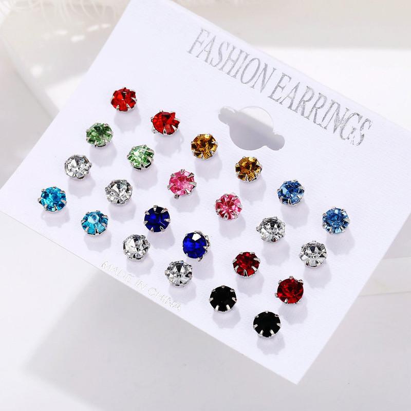Classic 12Pairs Cubic Zirconia Stud Earrings Set For Women Silver Color Round Heart Crystal Rhinestone Earrings Brinco Jewelry