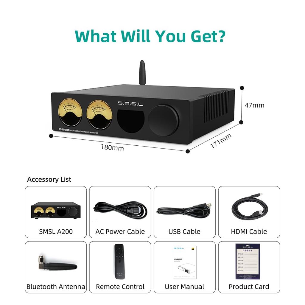 SMSL A200 Мощность 100 Вт Сабвуфер для пассивного усилителя с регуляторами высоких частот, Усилитель, USB/Оптический/Коаксиальный/HDMI (ARC)/Bluetooth/RCA