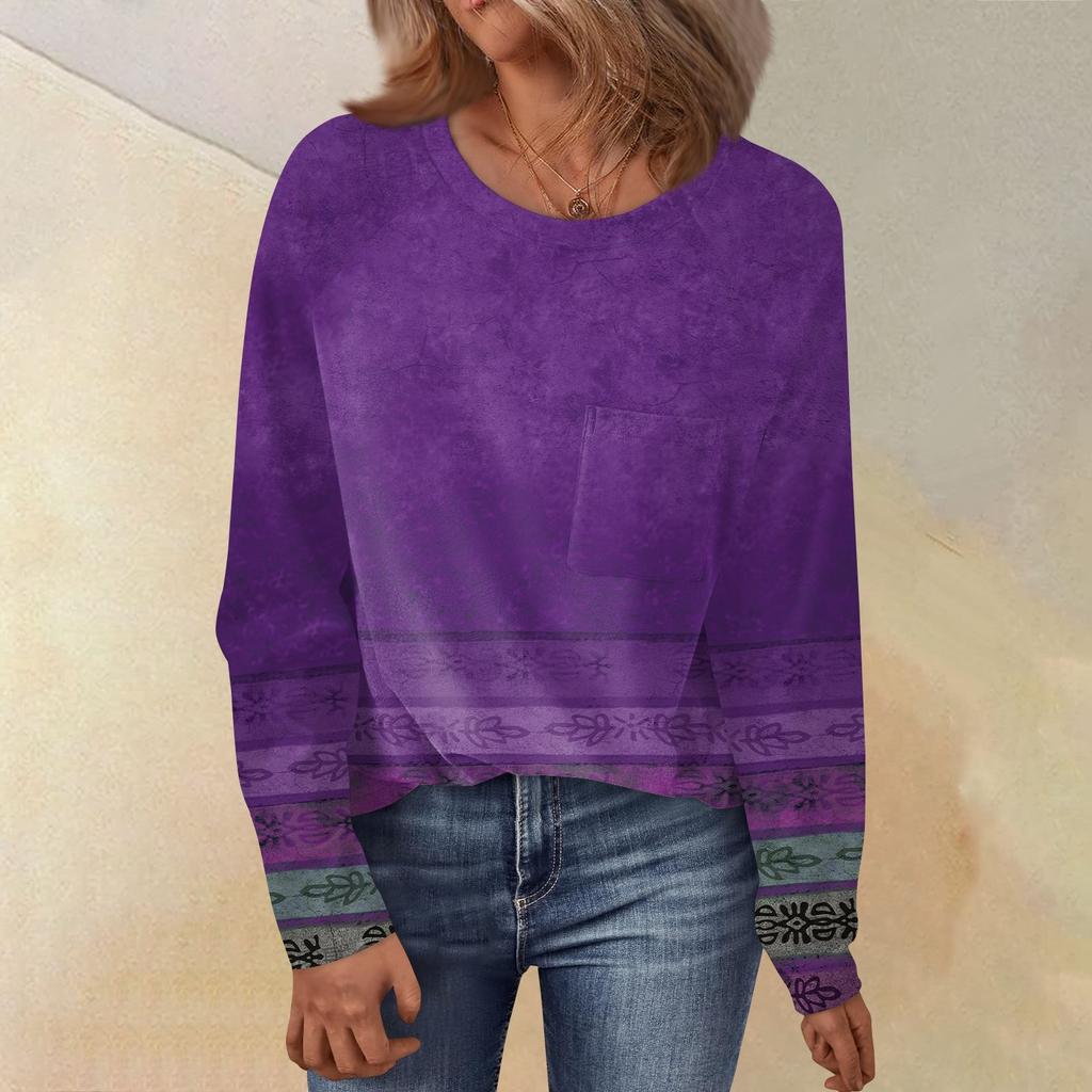 Women's Round Neck Floral Print Raglan Sleeves Long Sleeves All-match Loose Top