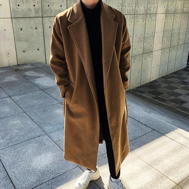 Men's Trendy Long Black Wool Blend Winter Trench Coat Overcoat with Gothic Windbreaker Design