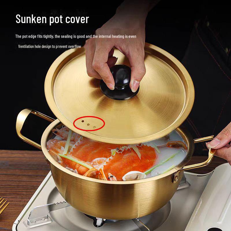 Золотистая корейская кастрюля для рамэна из нержавеющей стали с крышкой — двойные ушки, утолщенная, идеально подходит для лапши, супа или небольших горячих блюд.