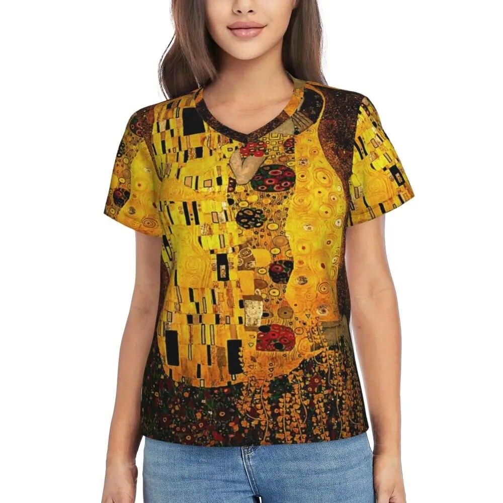 Gustav Klimt T Shirt The Kiss Hip Hop T-Shirts Women V Neck Basic Tops 2024 Beach Short Sleeve Pattern Clothes