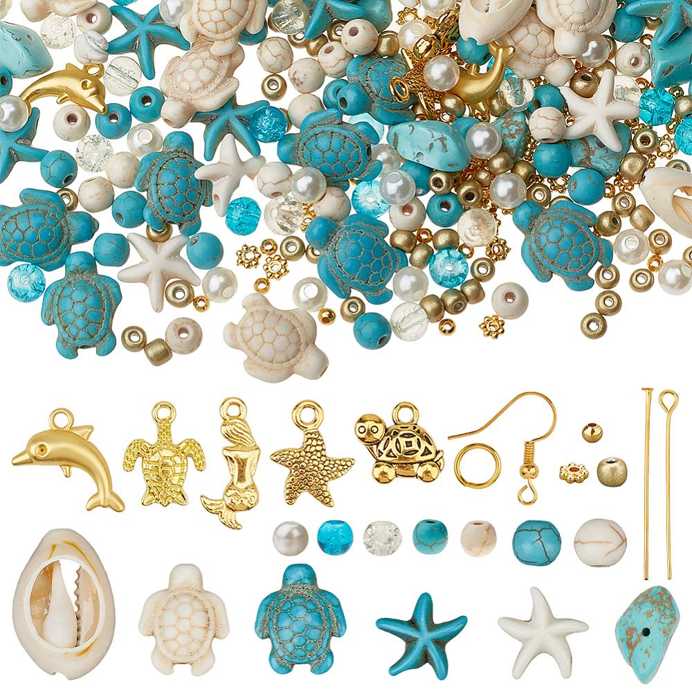 1set DIY Earring Kits 40Pcs Brass Earring Hooks 50Pcs Brass Flat Head Pins 50Pcs Jump Rings 40Pcs Glass Beads 140Pcs Synthetic Turquoise Beads