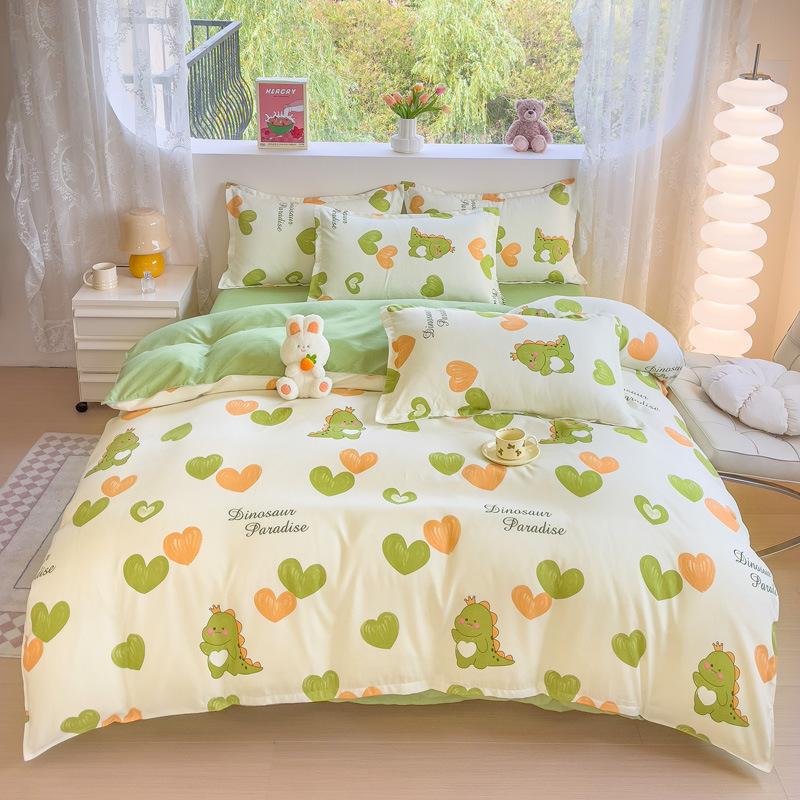 Cotton 4-piece Set Thickened Brushed Fresh Cotton Bed Sheet Quilt Cover Hats Models Dormitory 3-piece Set