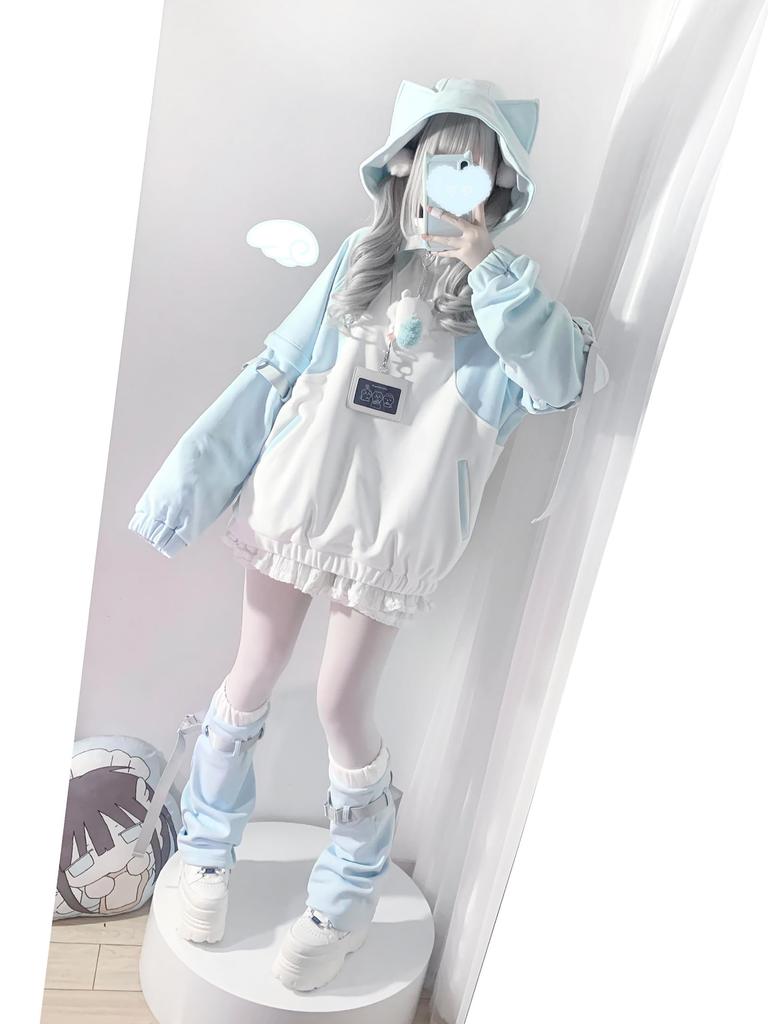 Light Blue Cat Ear Hoodie Landmine Leg Removable Long Short Y2K Sickly Loose Light XL [XHSUKADO] 2-Piece Set, Punk, Subculture, Angel, Style, Women's,