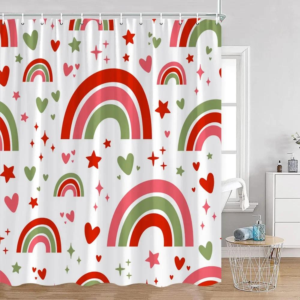 Cute Rainbow Heart Pattern Shower Curtain Children's Simple Modern Bathtub Decorative Polyester Bathroom Shower Curtain