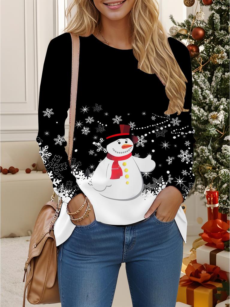 Tops for Women 3D Christmas Print Round Neck Long Sleeve T-shirt Fall Casual Slim Pullover Women's Long Sleeve Top