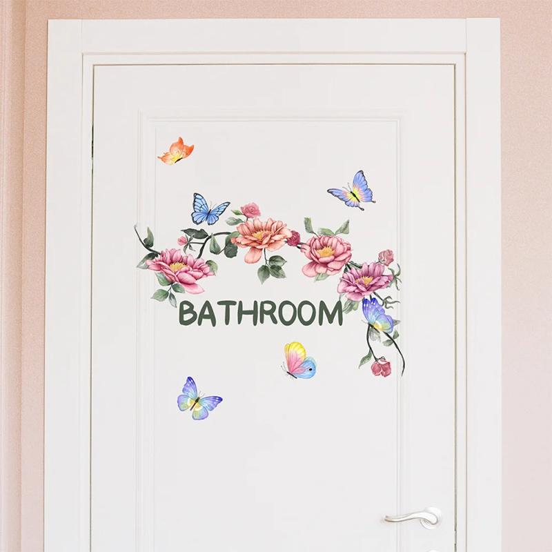 Beautiful Butterfly Flower Wall Stickers Toilet Bathroom Door Decoration Mural Home Decor Self-Adhesive Beautify Wallpaper