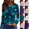 Women's Fashionable Long-Sleeved Round Neck Top with Slit Hem and Valentine's Day Heart Print