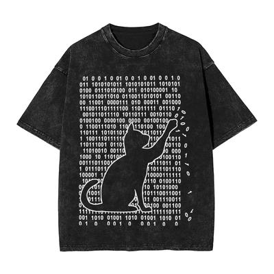 Забавный кот играет с двоичным кодом Футболки для мужчин Потрясающая футболка из 100% хлопка Футболка с коротким рукавом Принт Одежда