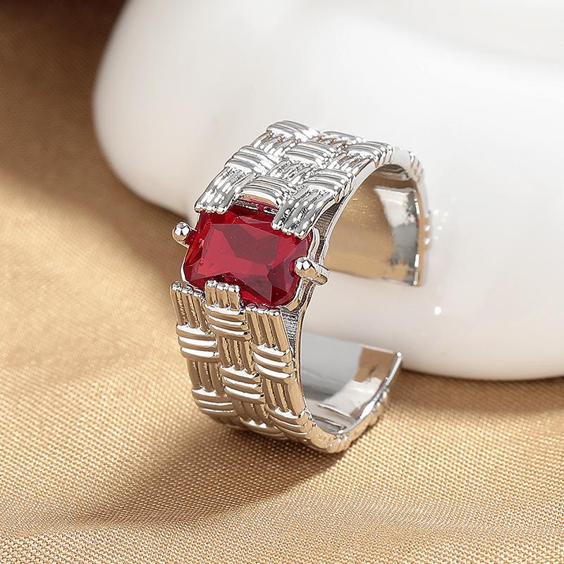 Personalized Style Wide-Faced Woven Ring Women'S Light Luxury Niche Inlaid Rectangular Red Zircon Fashion Adjustable Index Finger Ring