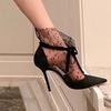 Fashion 2025 Breathable Lace Mesh High Heels for Women's New Summer Internet Celebrity Sandals Pointed Toe Thin Heel Mesh Roman Sandals