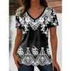 2025 Ethnic Women's T-shirt Retro Graphic Fashion Short-sleeved V-neck Regular Summer Spring Casual Top