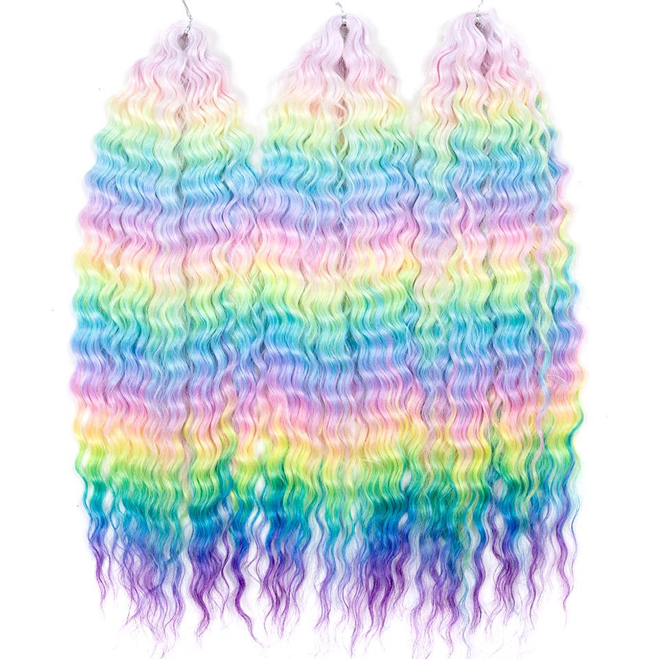FASHION IDOL Ariel Twist Crochet Hair Synthetic 22 Inch 3 PCS Water Wave Hair Extensions Ombre Rainbow Color Braid Curly Hair