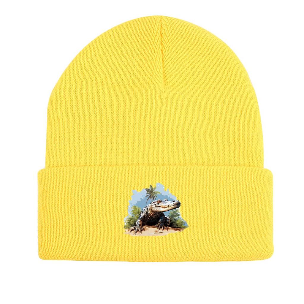 Вязаная шапка-бини с принтом крокодила и кокосовой пальмы, шапка-череп животного, мягкая шапка-бини в стиле хип-хоп с помпоном, вязаная шапка-бини