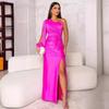 2026 Womens Slash Neck Raglan Sleeve Pleated Fitted Slit Sexy Long Dress