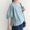 Summer Cotton and Linen T-shirt for Women Simple Solid Color Loose Lazy Puff Sleeve Short-sleeved Top