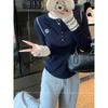 Unique embroidered top spring new button half open neck knitted bottoming shirt contrasting color knitted sweater women