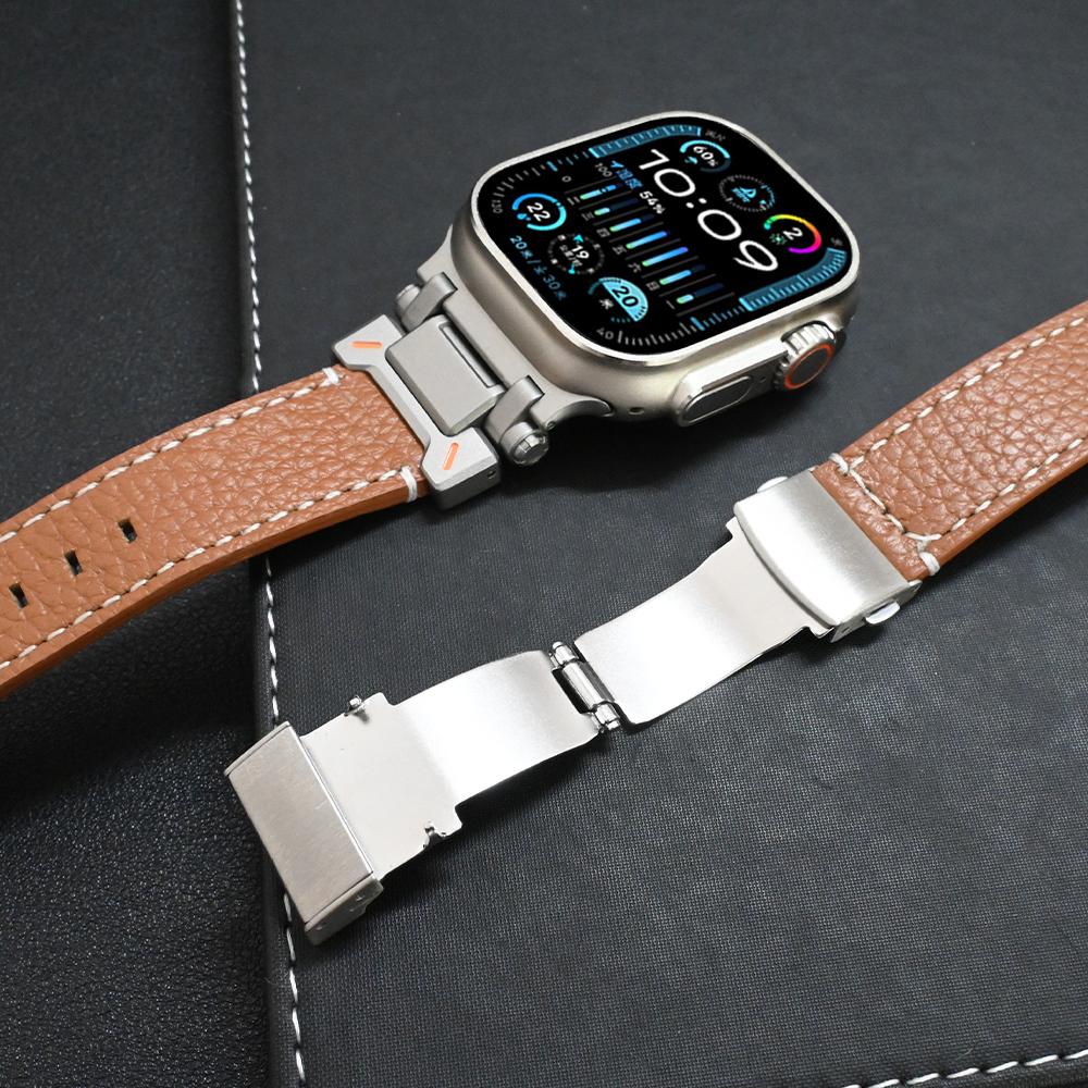 Кожаный ремешок для Apple Watch Ultra 3/2 49мм 46мм 45 44мм Роскошный браслет Титановый цвет Ремешок для iWatch Серии 11 10 9 SE Петля