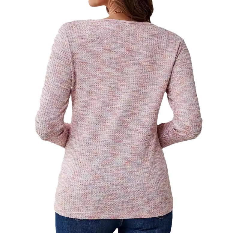 Осенние топы с длинным рукавом футболка повседневная пуговицы V-образный вырез свитера женская одежда