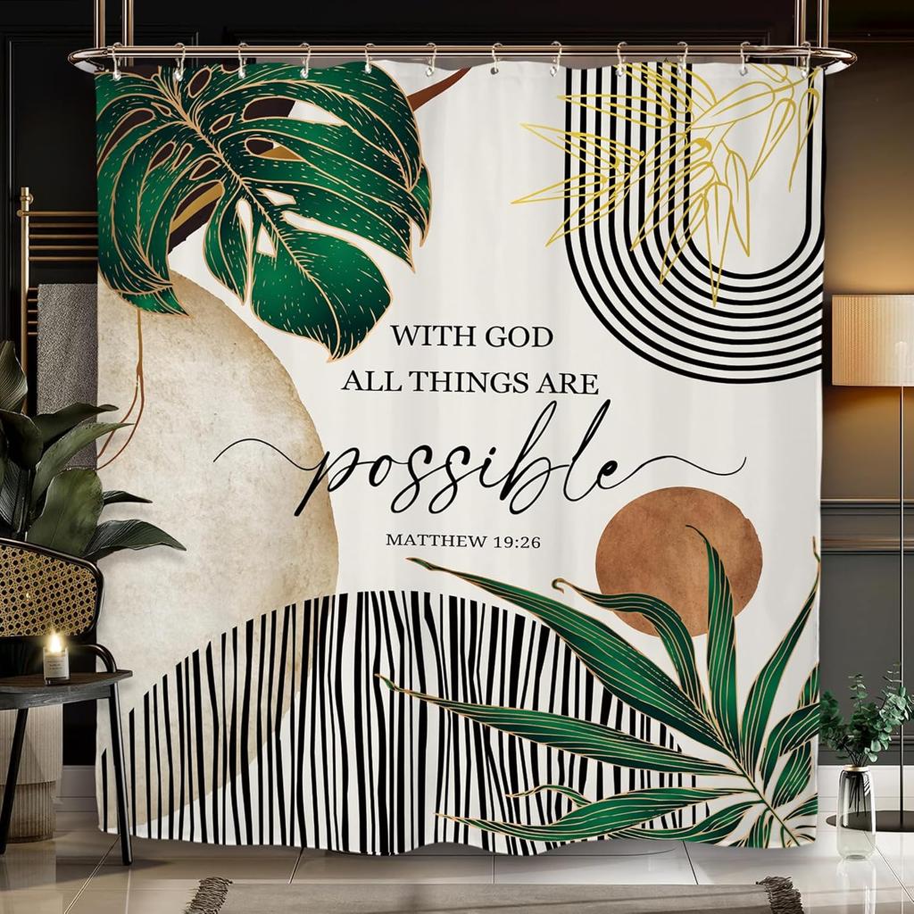 Abstract Leaves Shower Curtain Set Emerald Green Modern Tropical Mid Century Simple Minimalist Chic Polyester Waterproof Cloth