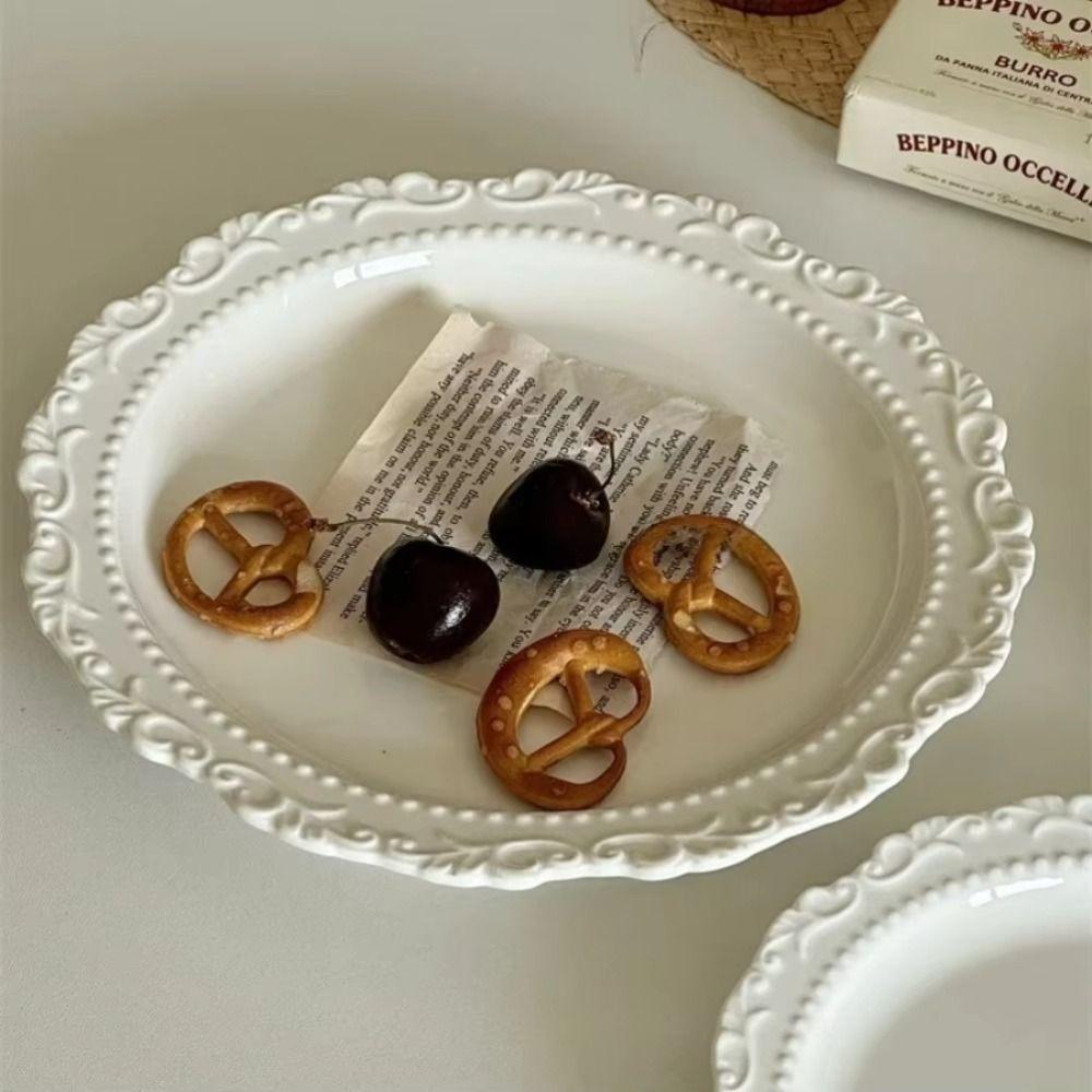 Embossed Design Ceramic Dessert Plate White/Yellow Color Western Dining Tableware Kitchen Use