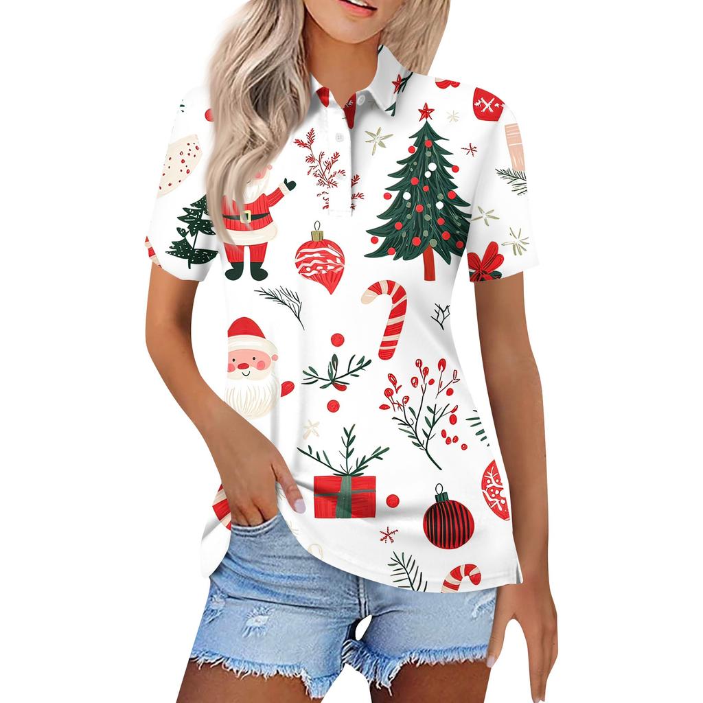 Женская модная повседневная рубашка с лацканами и короткими рукавами с рождественским принтом, женские топы на пуговицах