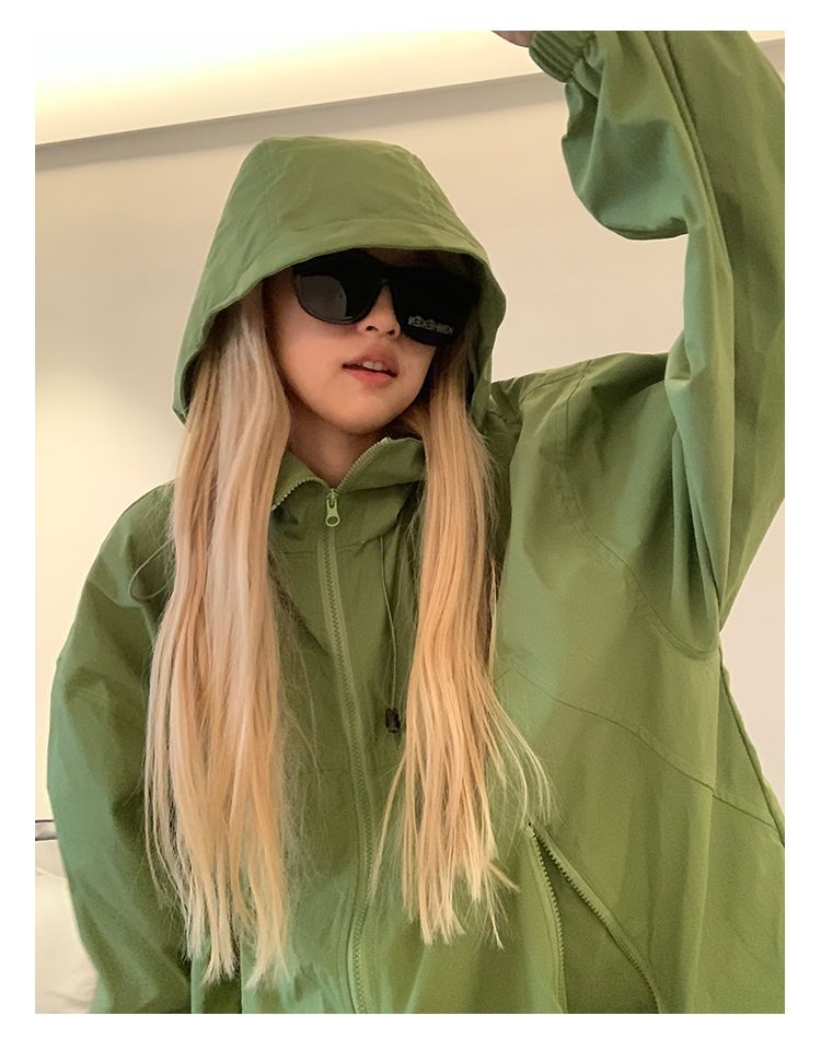 Осенняя непромокаемая куртка с капюшоном, женская однотонная куртка на молнии, техническая одежда, ветровка, корейская модная одежда Y2k, плащ