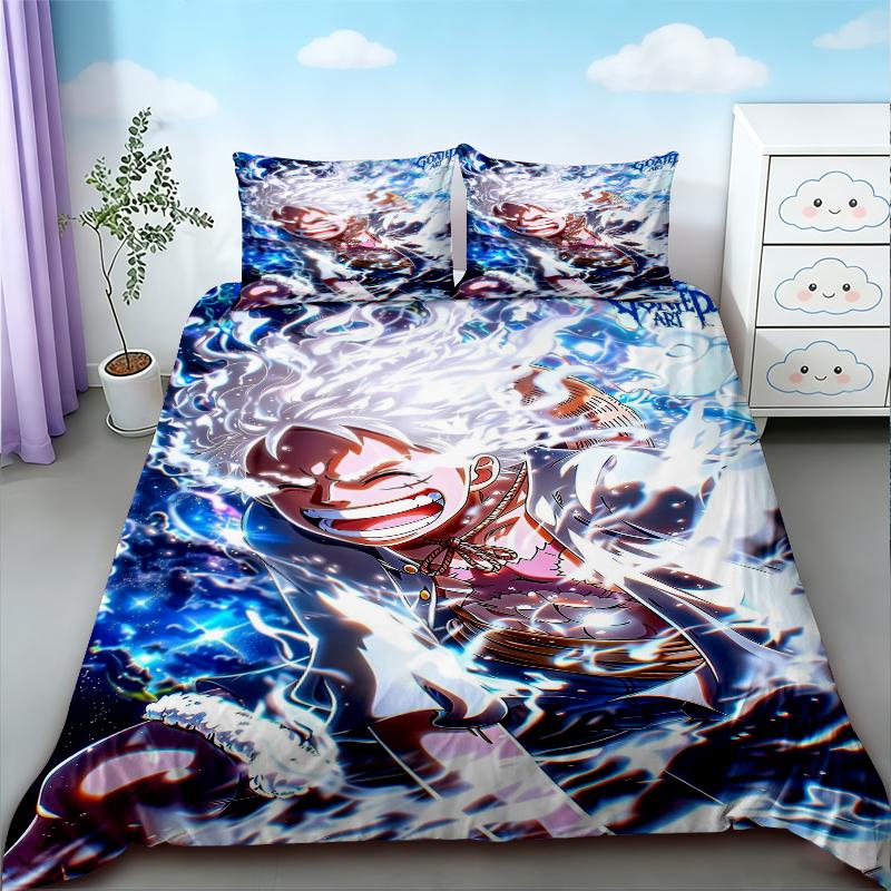 Luffy Duvet Cover Set One Piece Anime Cartoon Bedding Set Quilt Cover Comfortable for Bedroom Dormitory Teens Gifts
