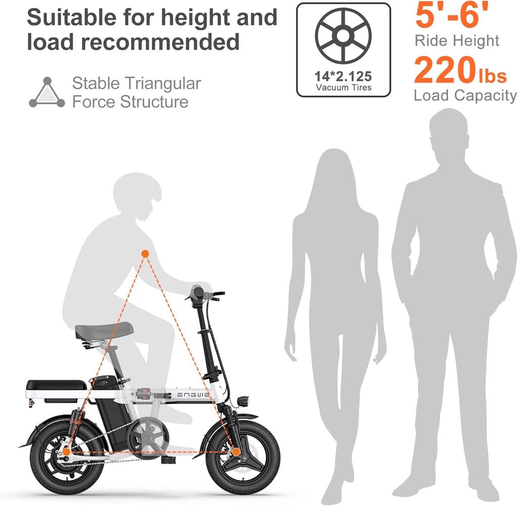 Engwe Электровелосипед T14 с двигателем 250 Вт и аккумулятором 48 В 10 Ач обеспечивает запас хода 55 км и скорость 25 км/ч, это компактный транспорт, созданный для городских улиц и повседневной свободы.
