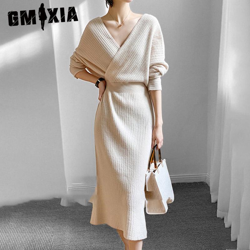 GMXIA Slim-fit V-neck Wrap Hip Dress Women's Long-sleeved Style Waist Knit Dress