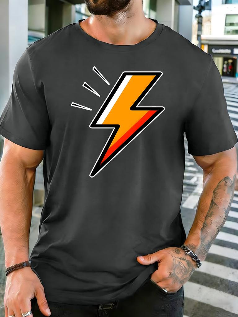 Unisex Dark Gray Tee Retro Color Lightning Bolt Graphic Print Short Sleeve Loose Casual Top For Adult Male Daily Street Wear Outfit