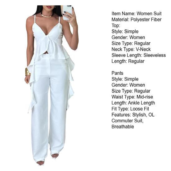 Женский топ с V-образным вырезом и брюками, топ на бретельках с оборками и прямые брюки, дышащий деловой костюм, летний повседневный наряд для офиса, вечеринки, улицы