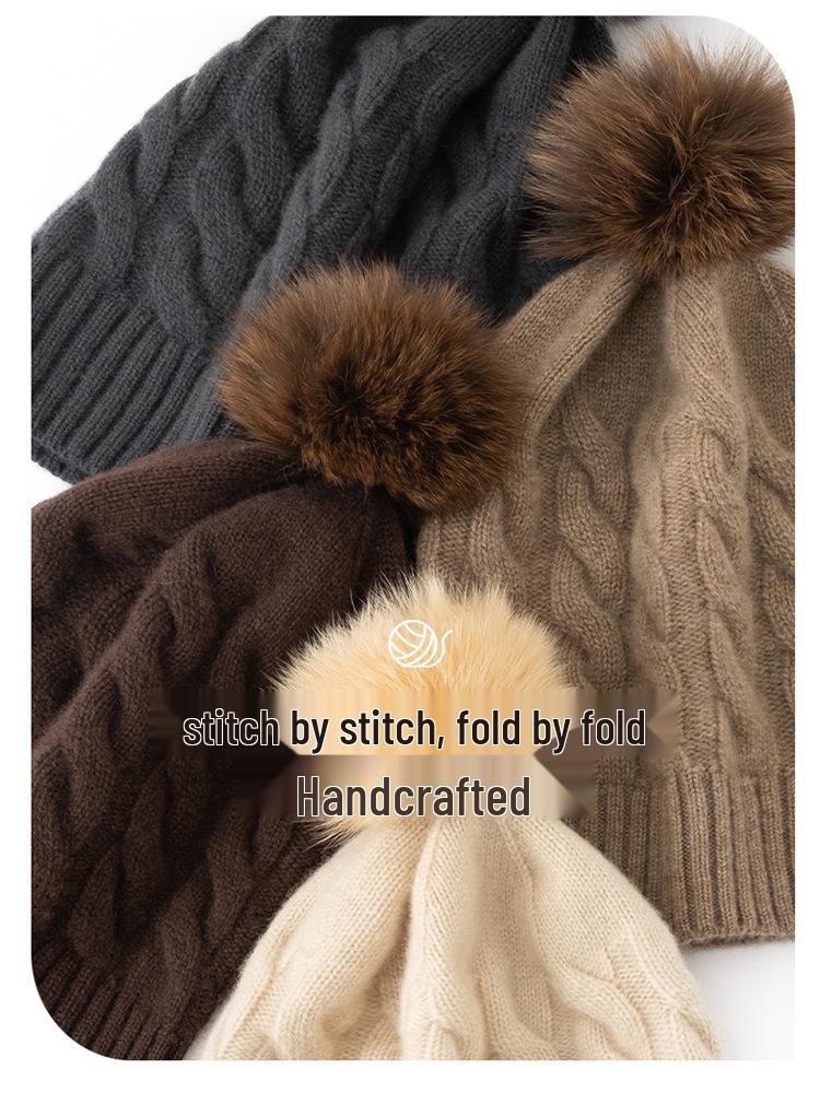 Women's 100% Cashmere Pom-Pom Hat - Three-Strand Winter Knit, Versatile Cable, Warm Ear Protection