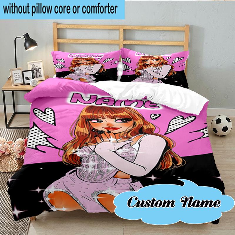 Custom Name 3PCS Black-pink Signature Bedding Set, Including 1pc Duvet Cover And 2pcs Pillowcases, Suitable for dorms and bedrooms Gift