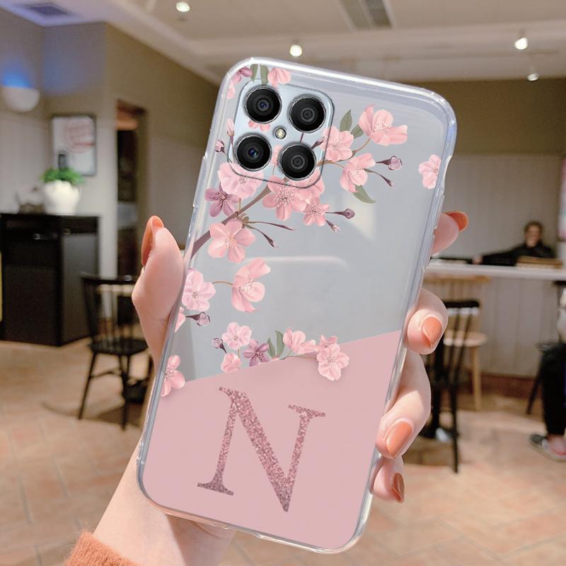 For Honor X8 4G Case X 8 5G Clear Bumper TPU Silicone Soft Cover for HonorX8 Phone Cases Capa Pink Flowers Letter Funda Fashion